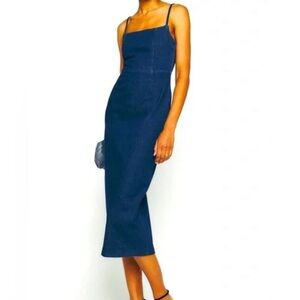 Jason Wu Women Medium Midi Dress Denim Pencil Back Slit Spaghetti Strap Side Zip